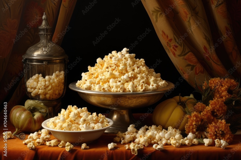 A table with two bowls of popcorn, one next to the other, A myriad of tiny, multicolored dots creating a pointillist abstract composition, AI Generated A table with two bowls of popcorn, one next to the other, A myriad of tiny, multicolored dots creating a pointillist abstract composition, AI Generated