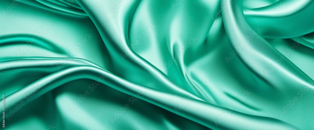 Beautiful blue green silk satin. Soft folds on shiny fabric. Luxury turquoise background with copy space for design. Wide banner. Flat lay, top view. Birthday, Christmas, Valentine, Valentine's Day.