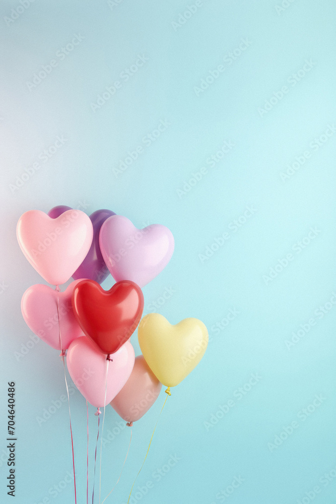 Colorful heart shaped balloons on blue background, valentine's day concept.