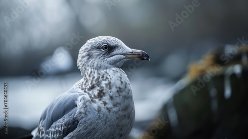  a gray and white bird sitting on top of a wooden fence next to a body of water with trees in the background.