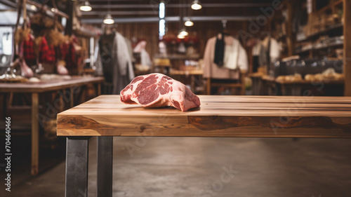 Red meat on a table in a butcher shop, delicatessen advertising, traditional butchery and cured meat shop, fine food photo