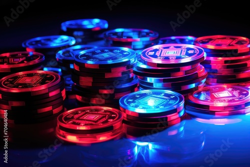 A stack of poker chips sitting on a table, ready for a game of gambling and betting, An abstract blue technology background showcasing a network connection structure, rendered in 3D, AI Generated