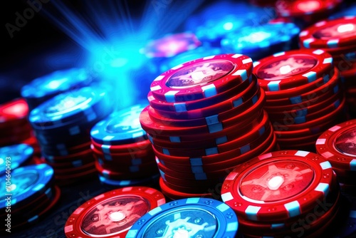 A vibrant pile of various casino chips stacked neatly on top of a table, Rear view of blue Business car on high speed in turn, AI Generated