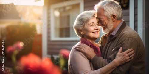 Timeless Love, Modern Home: An elderly couple stands outside, sharing a heartfelt hug in front of their new, cozy, and modern house, epitomizing enduring love and contemporary living