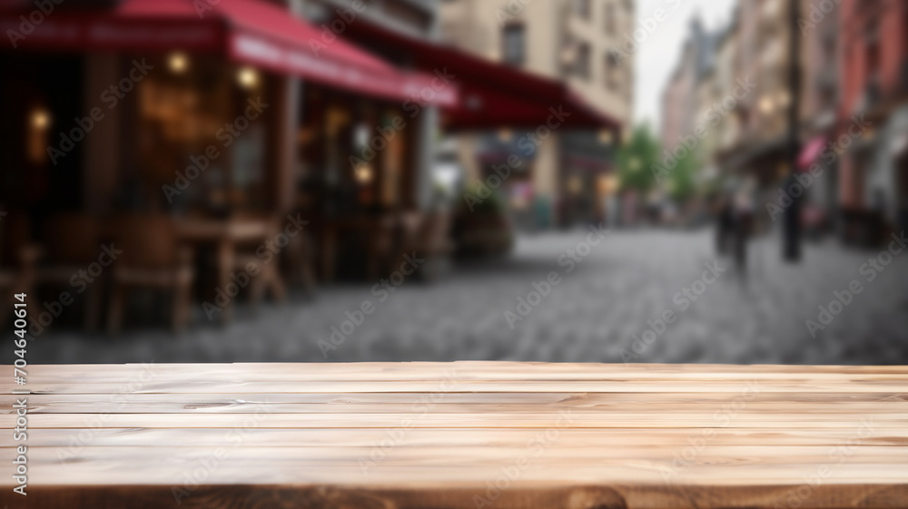 Empty wooden table to display products, front of blurred parisian coffee background, beautiful store packshot Empty wooden table to display products, front of blurred parisian coffee background, beautiful store packshot