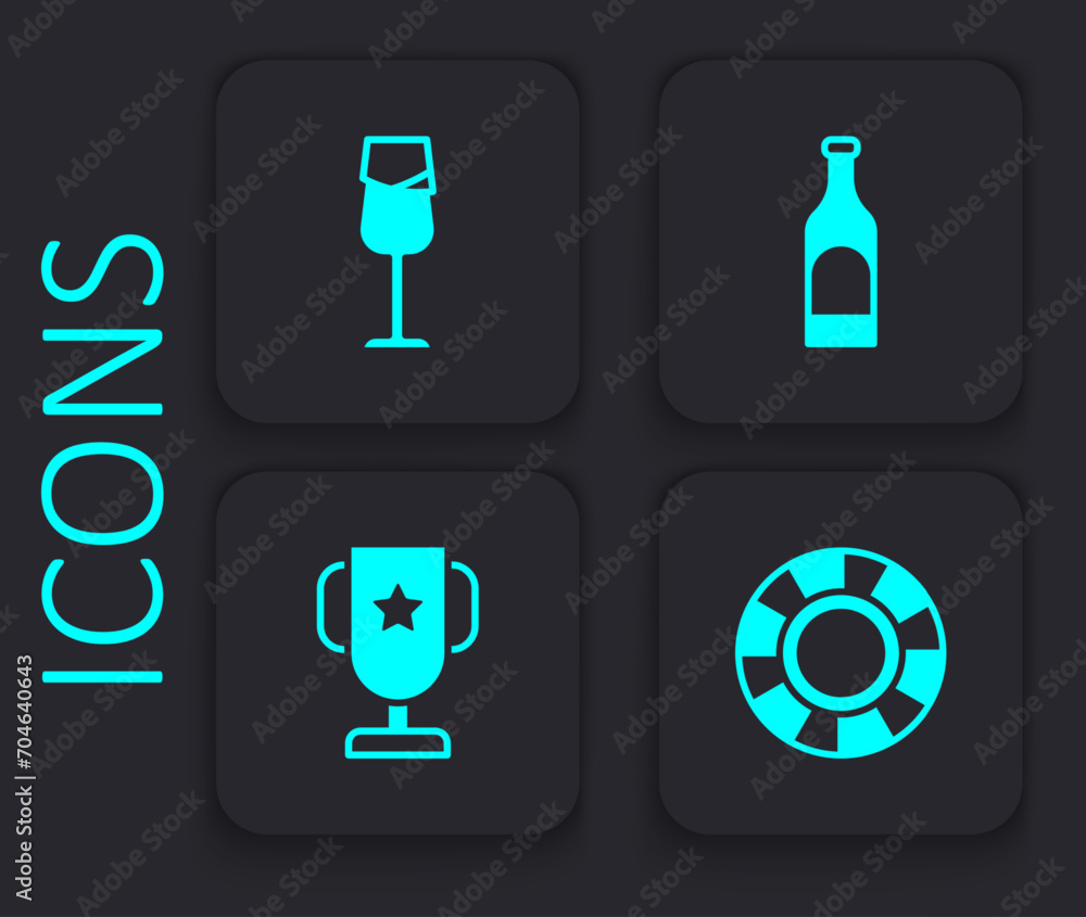 Set Casino chips, Wine glass, Bottle of wine and poker trophy cup icon. Black square button. Vector Set Casino chips, Wine glass, Bottle of wine and poker trophy cup icon. Black square button. Vector