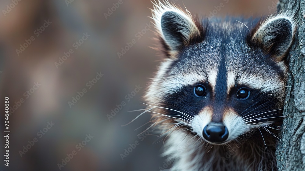 Cute raccoon peeks out, on a smooth background in the studio, lots of copy space for design