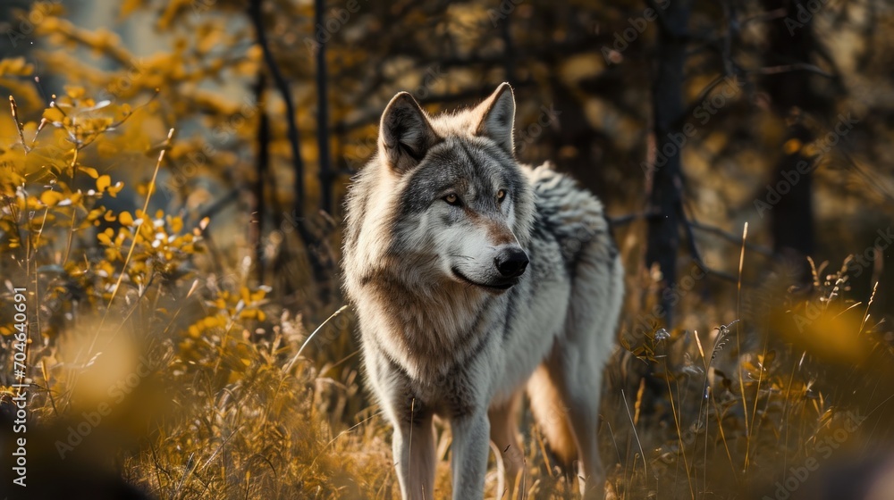  a wolf standing in the middle of a field of tall grass with trees in the background and yellow flowers in the foreground.