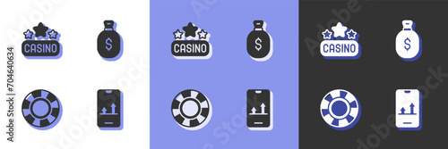 Set Online sports betting, Casino signboard, chips and Money bag icon. Vector