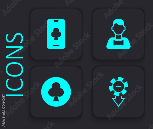 Set Casino chips, Online poker table game, dealer and Playing card with clubs symbol icon. Black square button. Vector