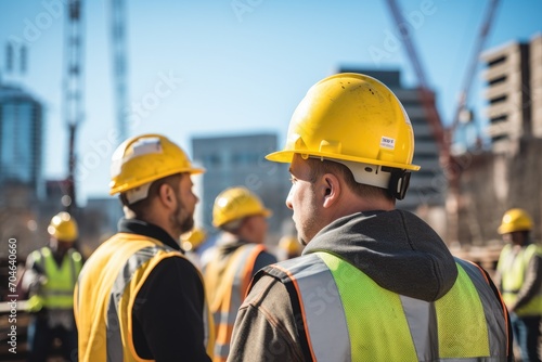 A unified group of construction workers standing shoulder to shoulder, ready to tackle the tasks at hand, Three construction workers working on construction drawings and paperwork, AI Generated