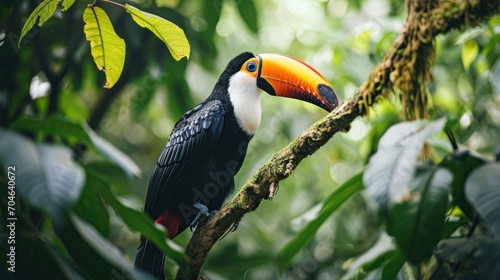  a toucan perched on a tree branch in a tropical forest with lots of green leaves and a bright orange beak.
