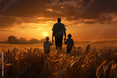 Man and Two Children Walking Through a Wheat Field, A herd of elephants walking across a dry grass field at sunset with the sun setting in the background, AI Generated