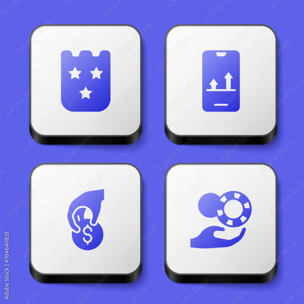 Set Lottery ticket, Online sports betting, Hand holding casino chips and icon. White square button. Vector Set Lottery ticket, Online sports betting, Hand holding casino chips and icon. White square button. Vector
