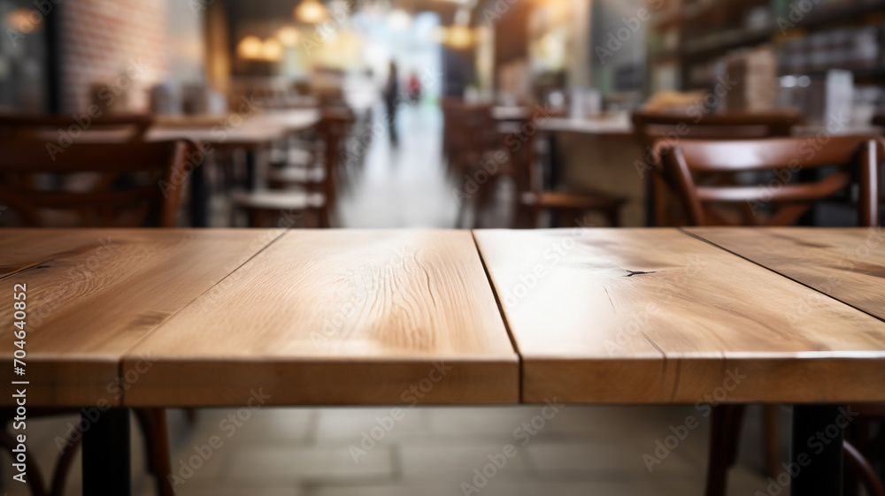 Empty wooden table to display products, front of blurred restaurant background, beautiful store packshot Empty wooden table to display products, front of blurred restaurant background, beautiful store packshot