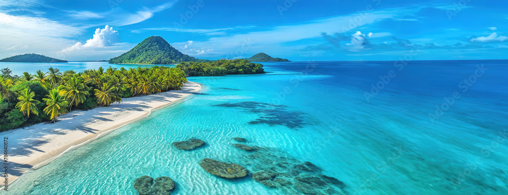 Tropical Paradise with Pristine Beach and Lush Greenery. Aerial view of a pristine beach with clear turquoise waters and lush tropical greenery