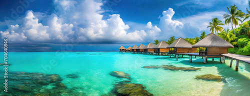 Idyllic Overwater Bungalows in Tropical Paradise. Luxurious overwater bungalows extend over crystal-clear turquoise waters surrounded by vibrant greenery.