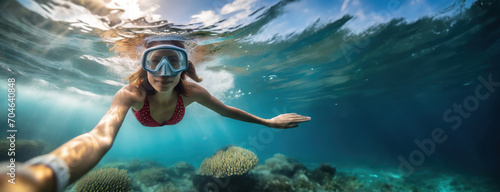 Underwater Selfie with Tropical Coral Reefs. Woman in red swimsuit takes selfie while snorkeling, underwater life visible