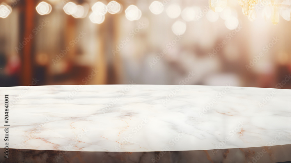 Empty marble table to display products, front of blurred jewelry background, beautiful luxury packshot Empty marble table to display products, front of blurred jewelry background, beautiful luxury packshot