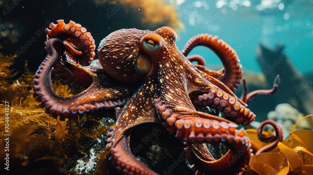 Obraz premium a close up of an octopus on a coral with other sea animals in the background and water in the foreground.