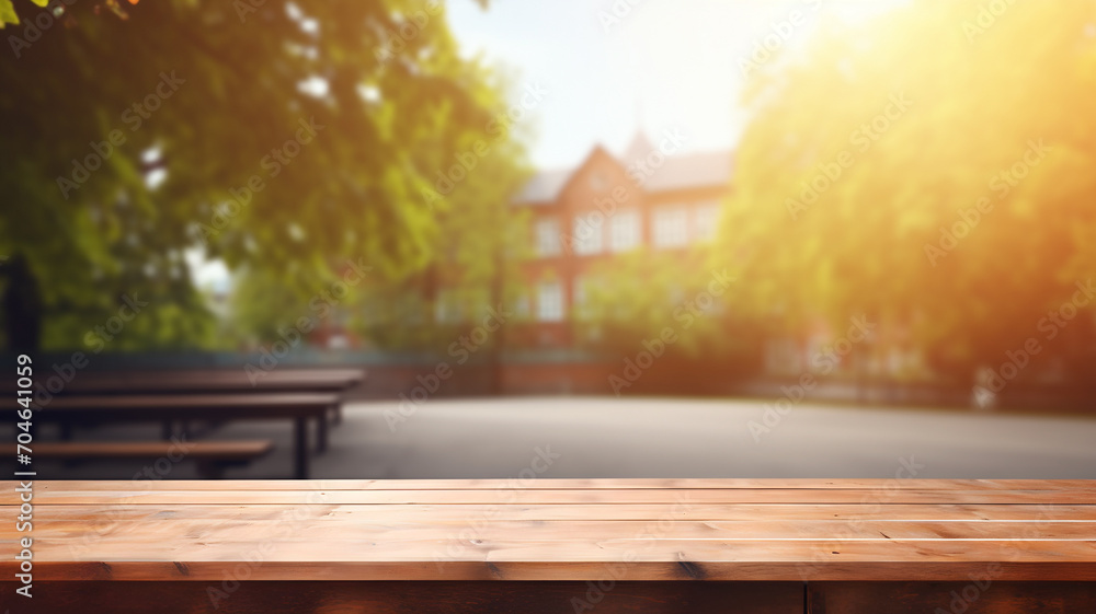 empty table in a school yard, playground for children in the background, studio for packshot design, toy design and school supplies empty table in a school yard, playground for children in the background, studio for packshot design, toy design and school supplies