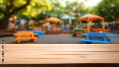 empty table in a school yard, playground for children in the background, studio for packshot design, toy design and school supplies