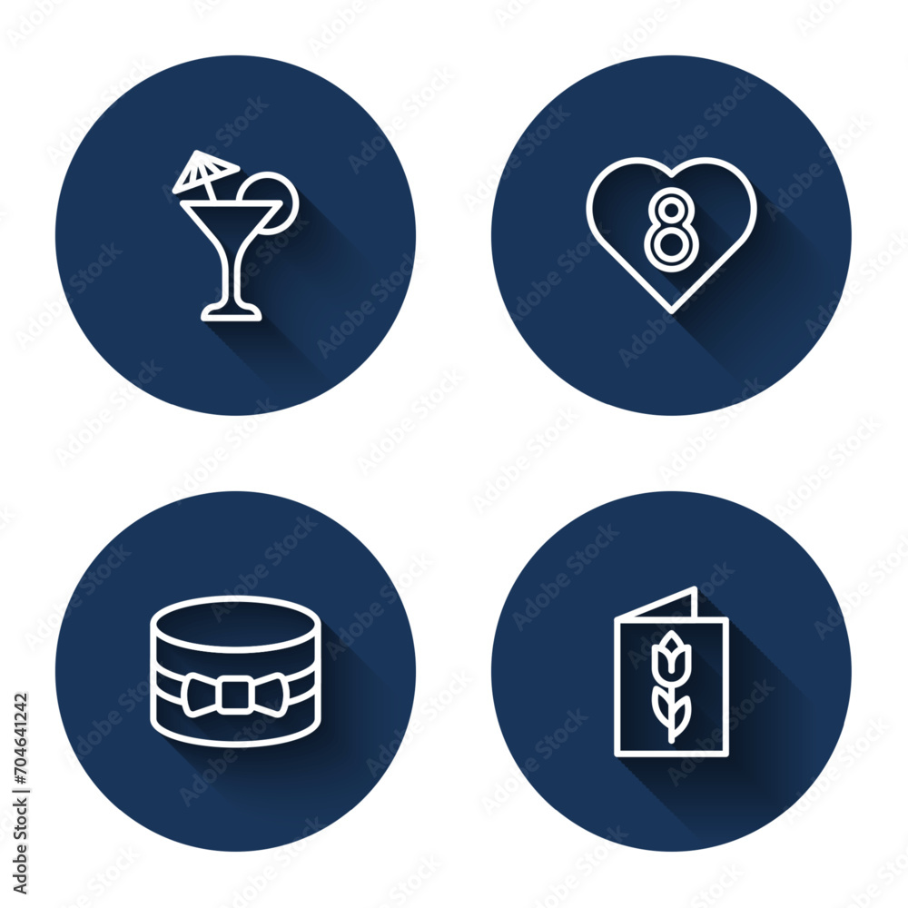 Set line Martini glass, Heart with 8 March, Gift box and heart and Greeting card with long shadow. Blue circle button. Vector Set line Martini glass, Heart with 8 March, Gift box and heart and Greeting card with long shadow. Blue circle button. Vector