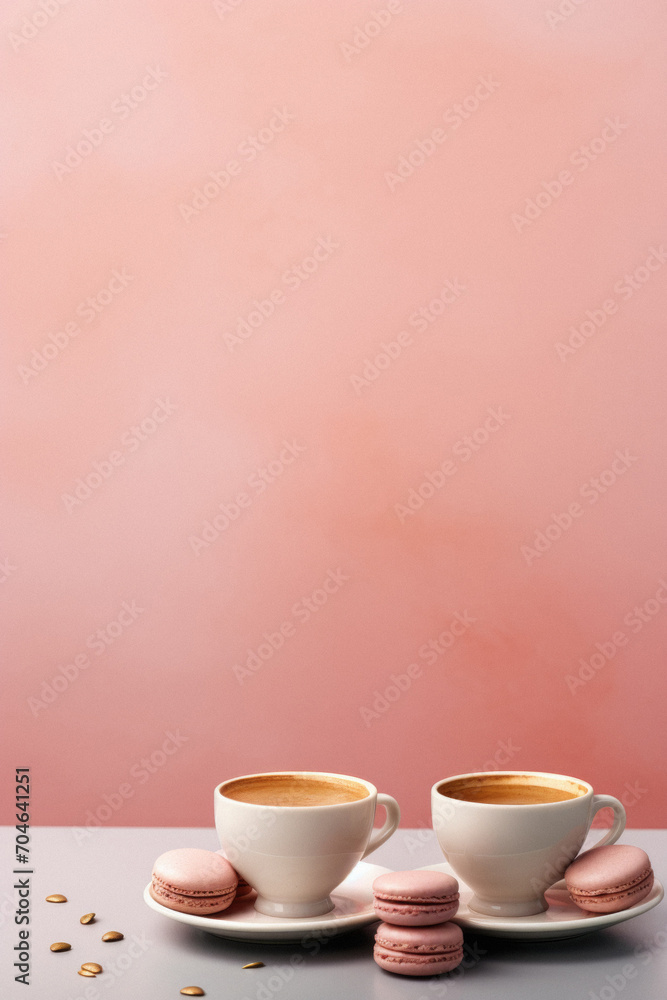 Two cups of coffee with macaroons on pink background, copy space Two cups of coffee with macaroons on pink background, copy space