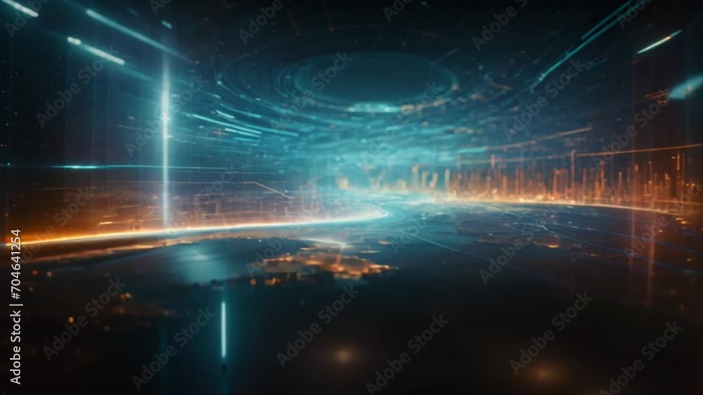 Futuristic cityscape encapsulated within a large digital dome. Bright blue neon lines and light trails illuminate the vast urban environment with buildings. Background for technology and geopolitics Futuristic cityscape encapsulated within a large digital dome. Bright blue neon lines and light trails illuminate the vast urban environment with buildings. Background for technology and geopolitics