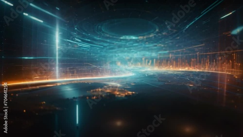 Futuristic cityscape encapsulated within a large digital dome. Bright blue neon lines and light trails illuminate the vast urban environment with buildings. Background for technology and geopolitics photo