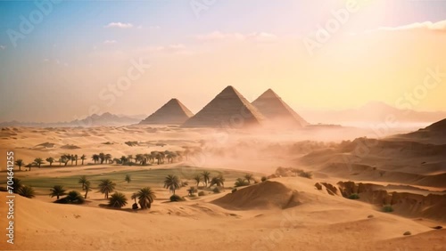 Epic and cinematic landscape of Egypt with the three pyramids in the desert dunes, featuring trees, a clear and warm sky, and a dusty wind. Background for History and ancient civilizations photo