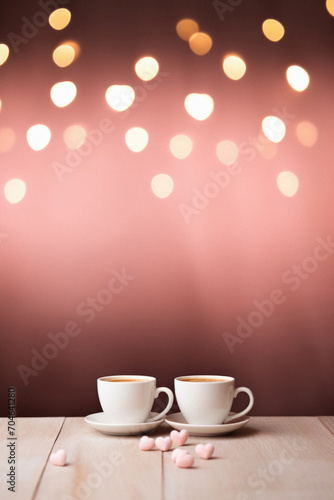 Two cups of coffee on wooden table with bokeh lights background