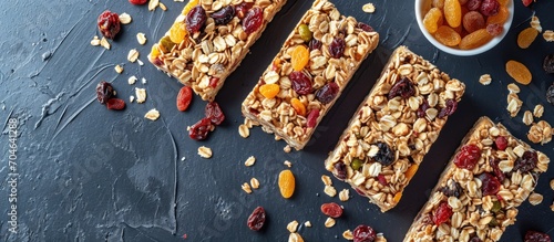Cereal bar with dried fruits, homemade, served on kitchen counter in whole and sliced form.
