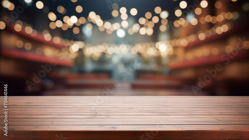 Empty wooden table at a circus, with a circus background for fair event, party at a circus, empty table for packshot and product design