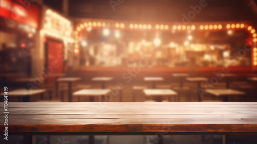 Empty wooden table at a circus  with a circus background for fair event  party at a circus  empty table for packshot and product design