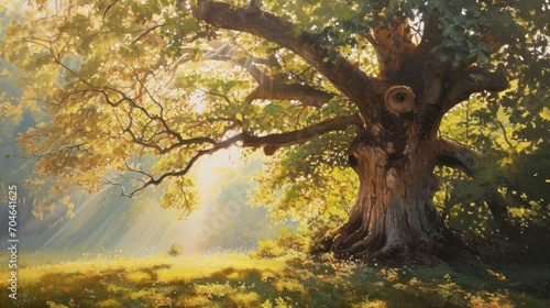  a painting of a tree in a field with sunlight coming through the leaves and the sun shining through the leaves.