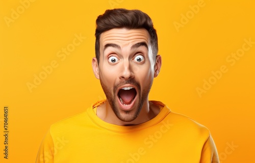 Bearded man in yellow sweater with surprised expression on his face © duyina1990