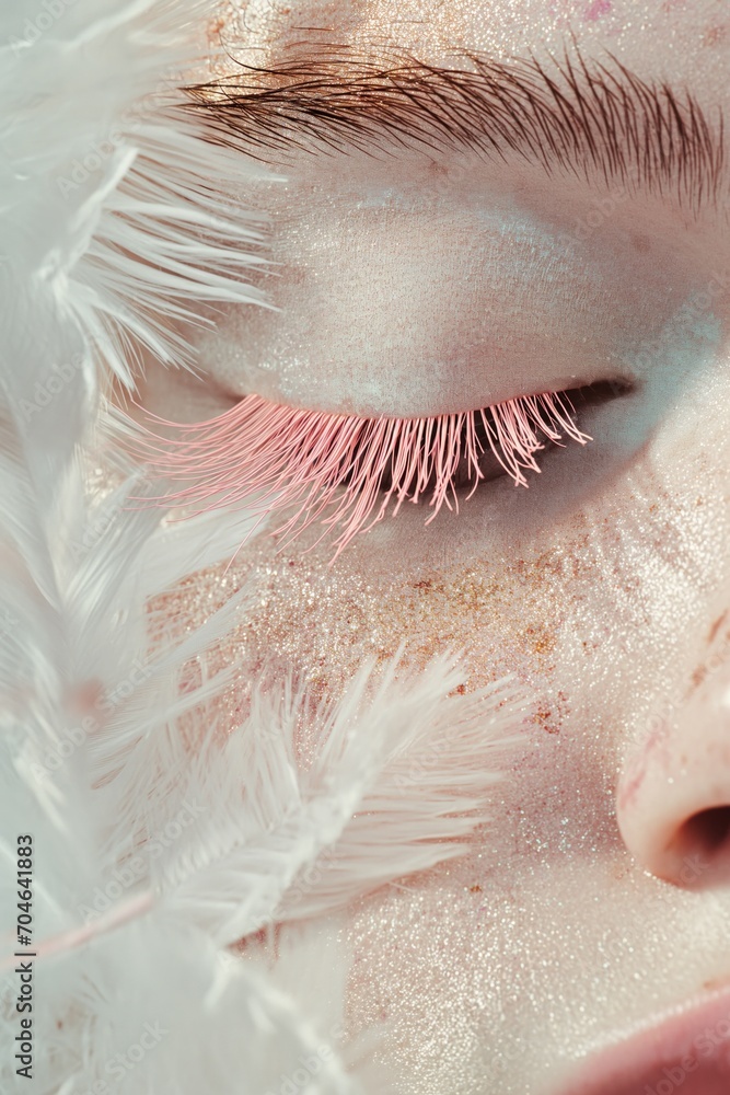 Minimal beauty composition made of an eye with  pink eyelashes and white feathers on a part of female face with pale skin and freckles. 