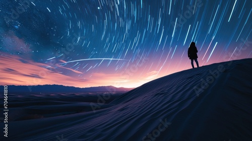  a person standing on top of a snow covered hill under a night sky filled with stars and a star trail.