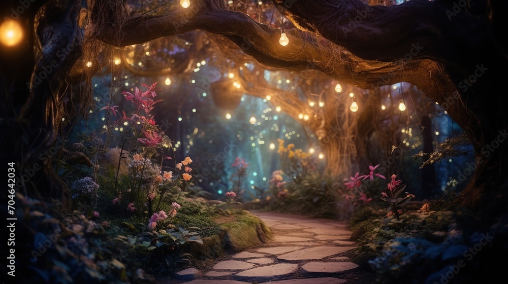 A mystical forest pathway under entwined trees, illuminated by gentle hanging lights, evokes a magical atmosphere.
