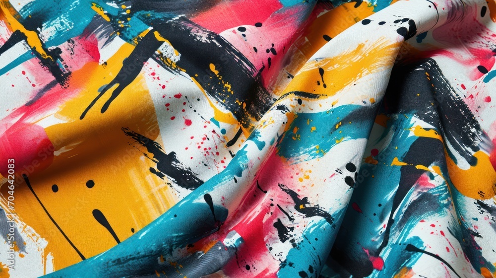  a multicolored fabric with black, yellow, red, blue, and white paint splattered on it.