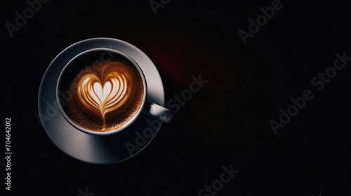 Cup of coffee with heart shape latte art on black background.