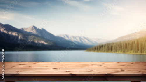 Empty wooden table with blurry mountain background, forest and lake landscape, fjord, backdrop, product display template, business and product presentation, rustic wood table