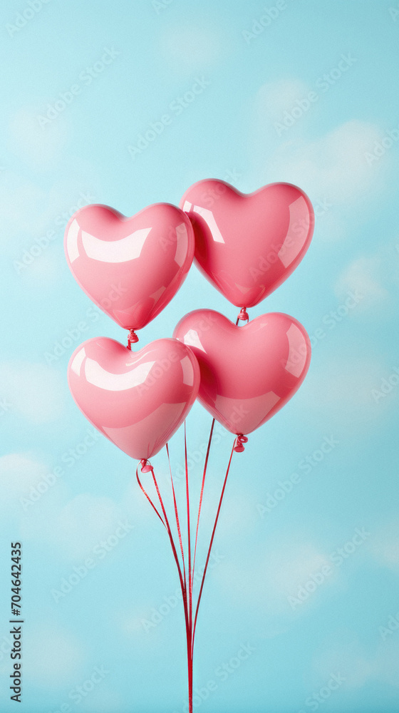 Pink heart shaped balloons on blue sky background.  .