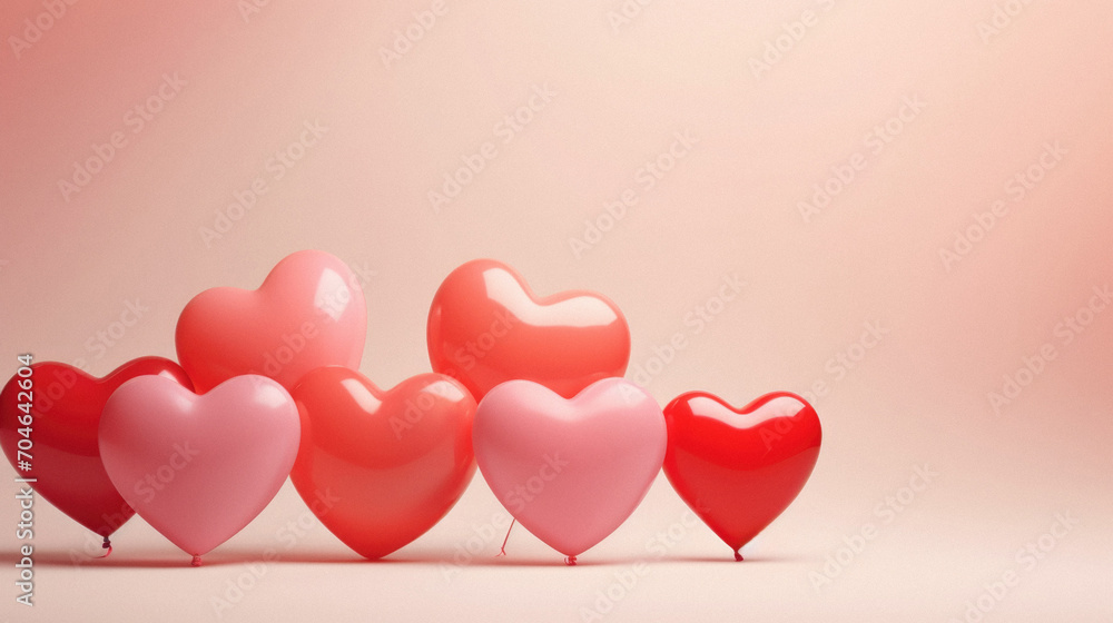 Red heart balloons on pink background. Valentines day concept.  .