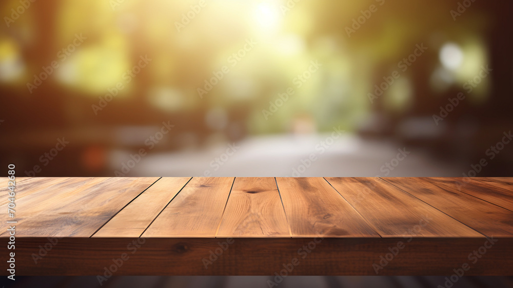 Empty wooden table with a blurry bokeh outdoor background, studio table for product design, background, table support Empty wooden table with a blurry bokeh outdoor background, studio table for product design, background, table support