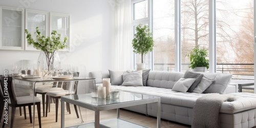 Elegant white and gray living room with a quilted corner sofa and glass dining table.