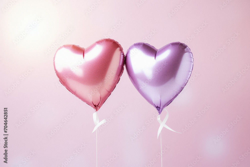 Two heart shaped balloons on pink background. Valentines day concept.