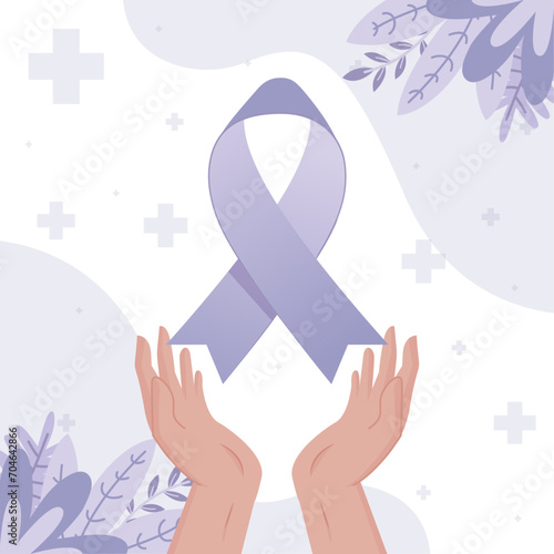 Illustration vectorielle de mains tendues vers un ruban symbolisant le soutien de la lutte contre le Cancer - Visuel de prévention et de solidarité face aux maladies - Décor doux, violet et parme