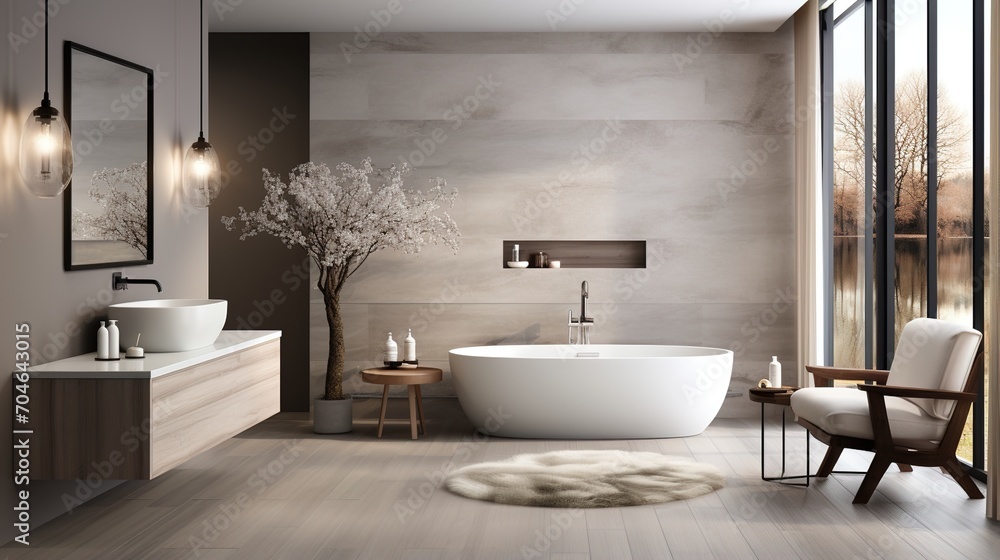 Bathroom interior with a large bathtub and a tree Bathroom interior with a large bathtub and a tree